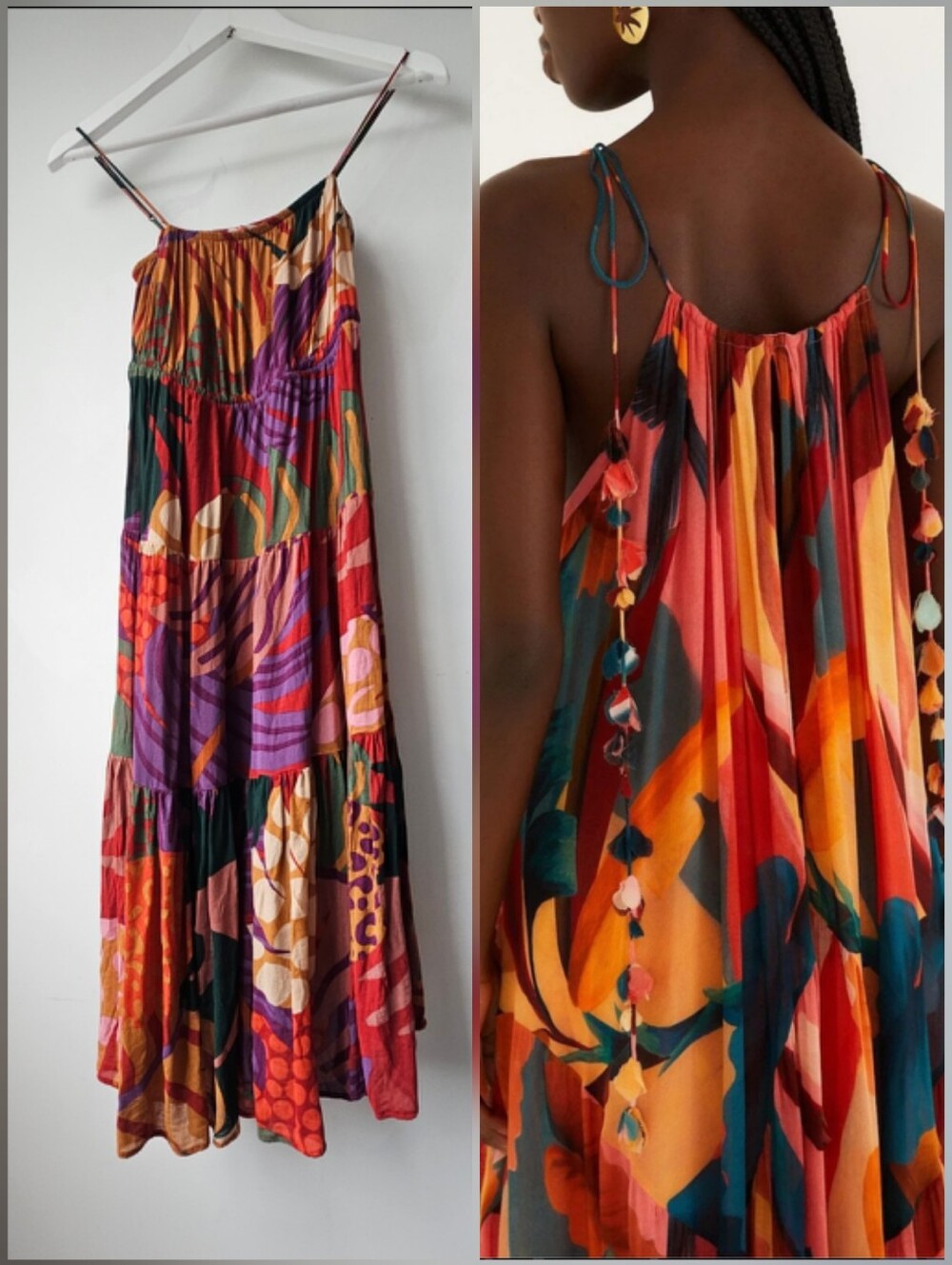 Farm Rio Mixed Colorful Print Embellished Tie Shoulders Knee Lenth Flowey Dress